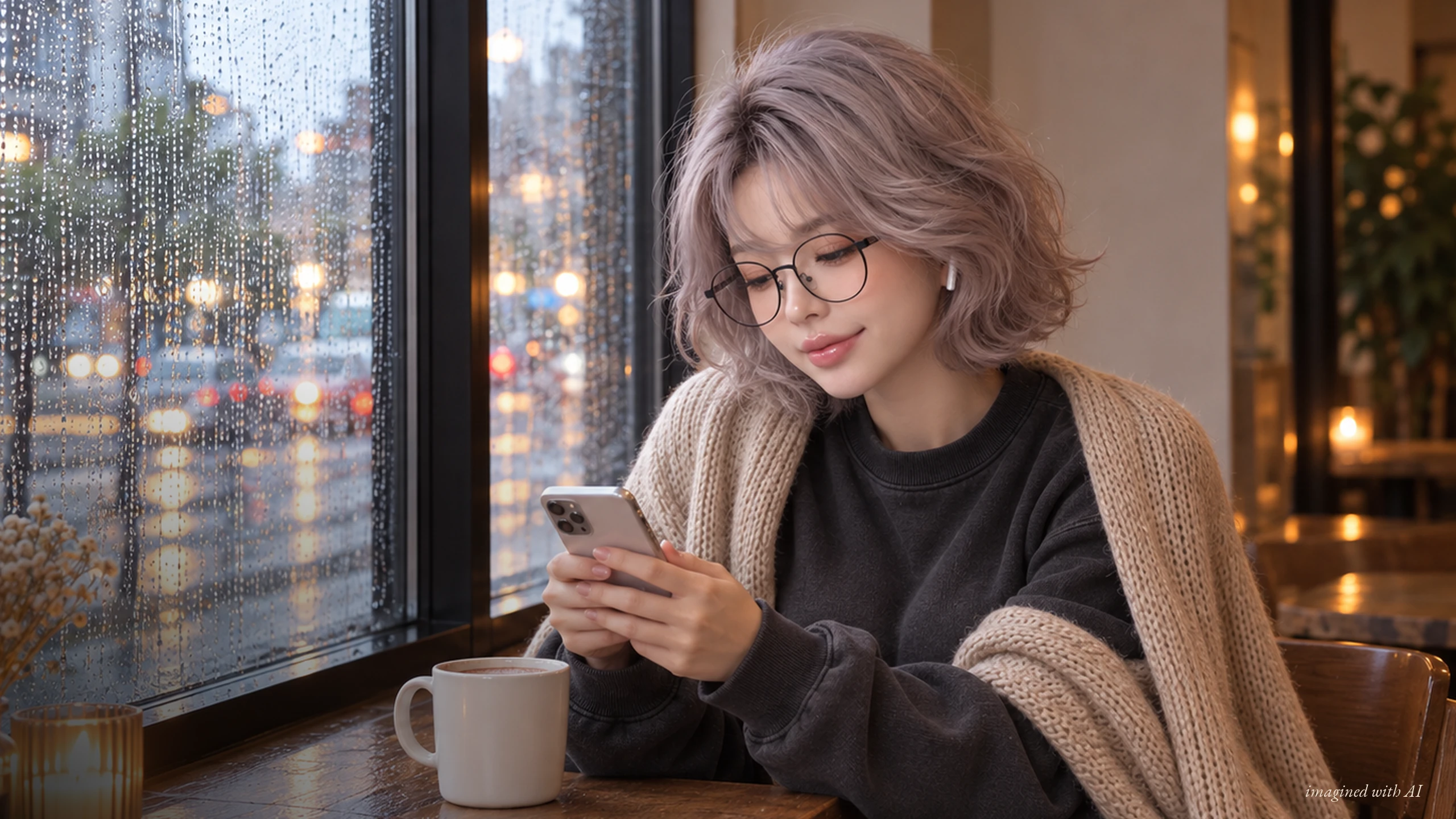 Neoliverse의 AI 버추얼 가수 Miel(미엘) · 비 내리는 밤 카페 콘셉트 포트레이트